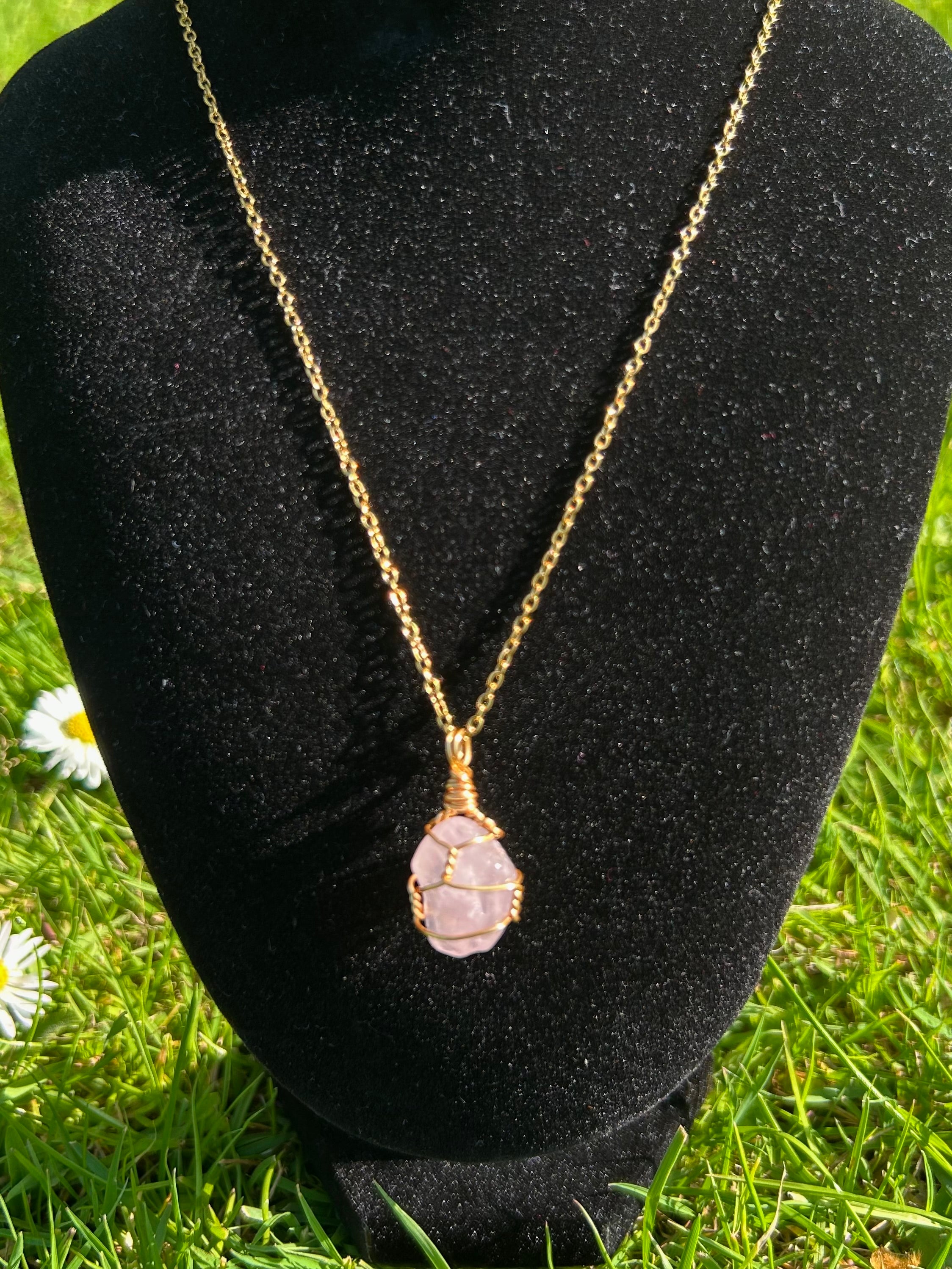 Rose Quartz Necklace - Handmade Wire Wrapped Crystal Pendant