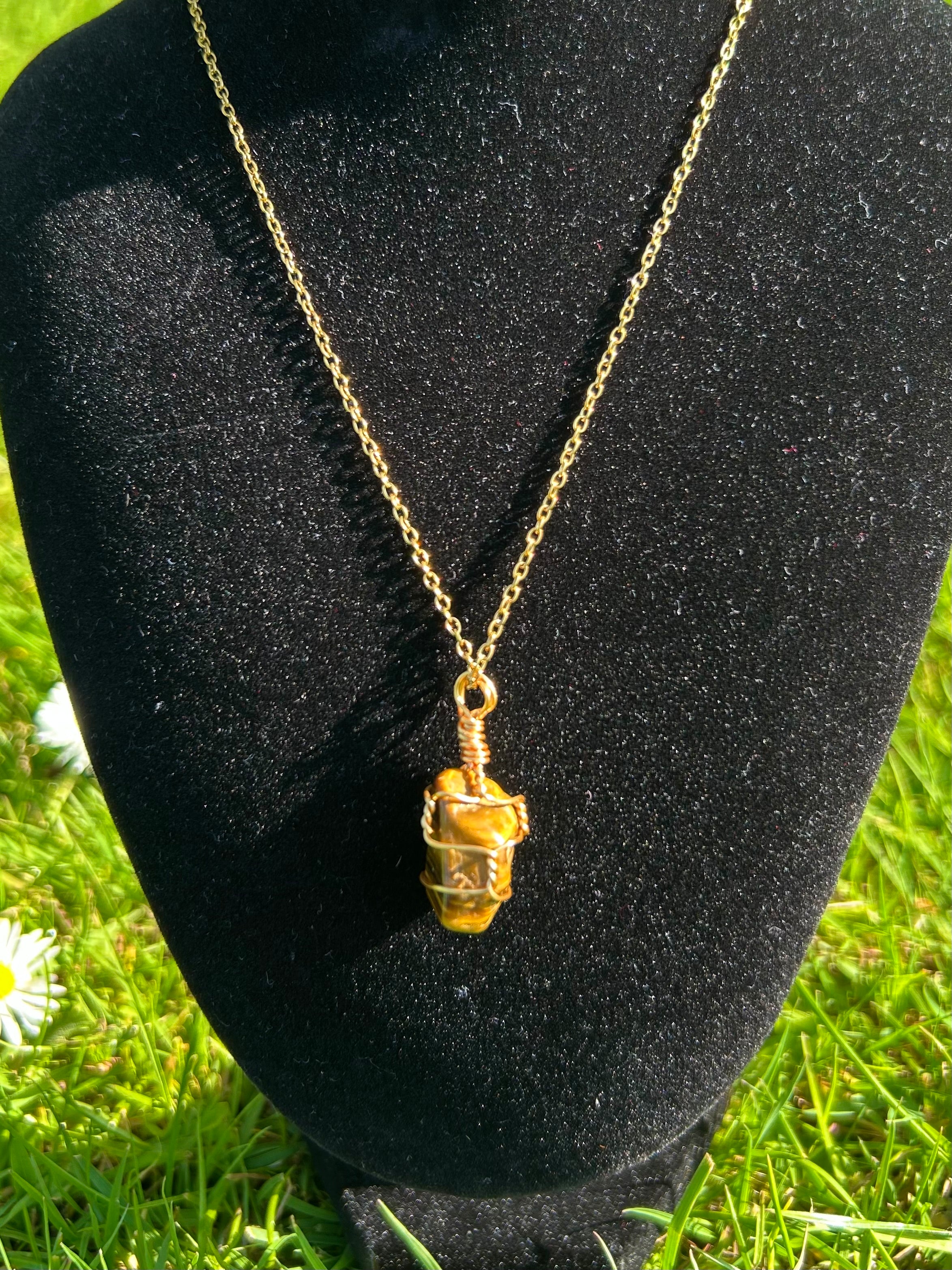 Tiger's Eye Necklace - Handmade Wire Wrapped Crystal Pendant